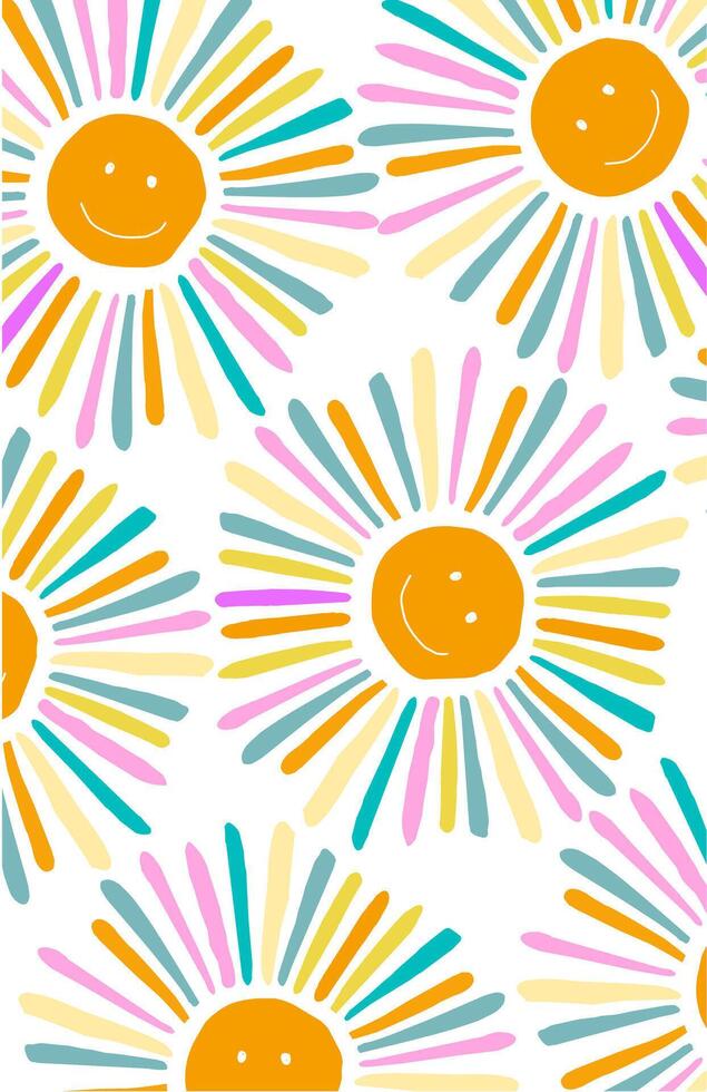Colorful sun funny smile pattern on white background vector
