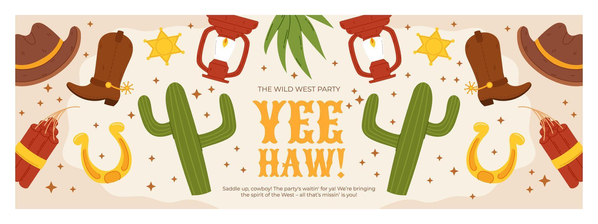 Wild West Party Banner with Cowboy Elements Including Cactus, Hats, Boots, Horseshoes, Lanterns, and Dynamite in a Fun Cartoon Style vector