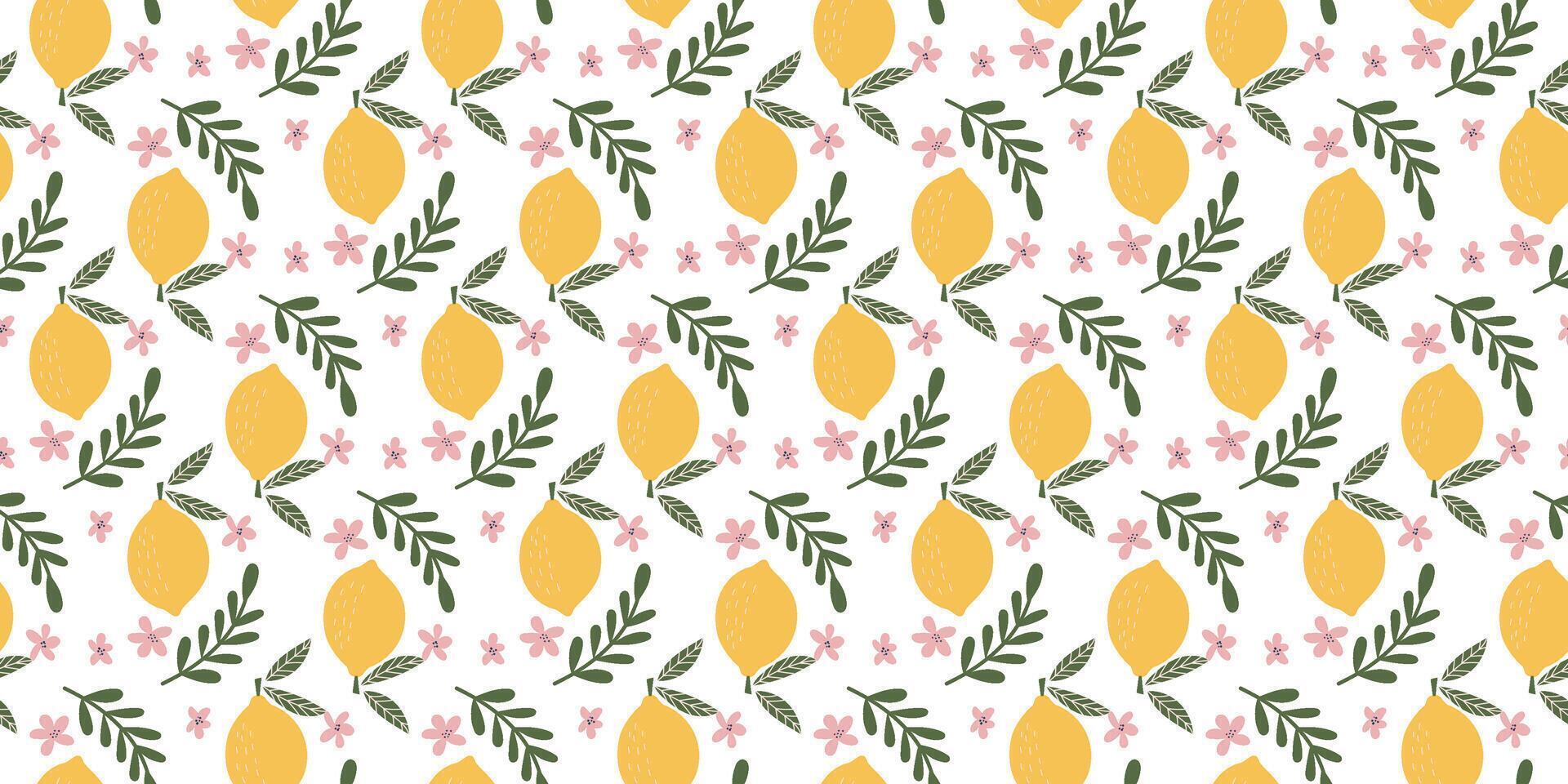 Seamless Lemon and Pink Floral Pattern with Green Foliage on White Background for Fresh and Elegant Decorative Textiles vector