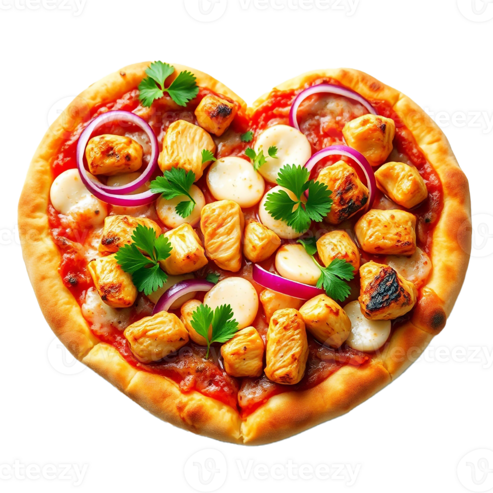 A heart shaped pizza with chicken and vegetables png