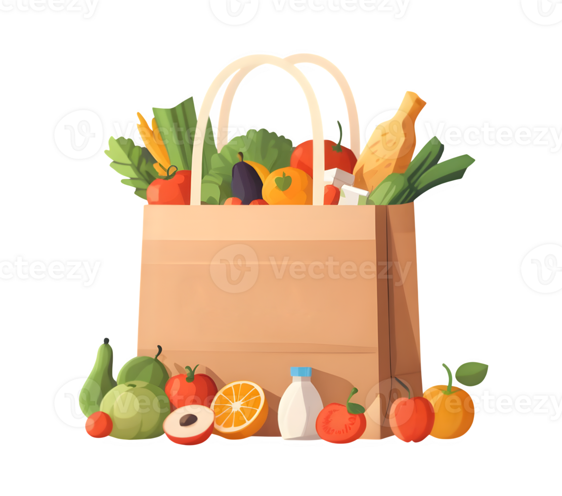 A paper bag full of fruits and vegetables png