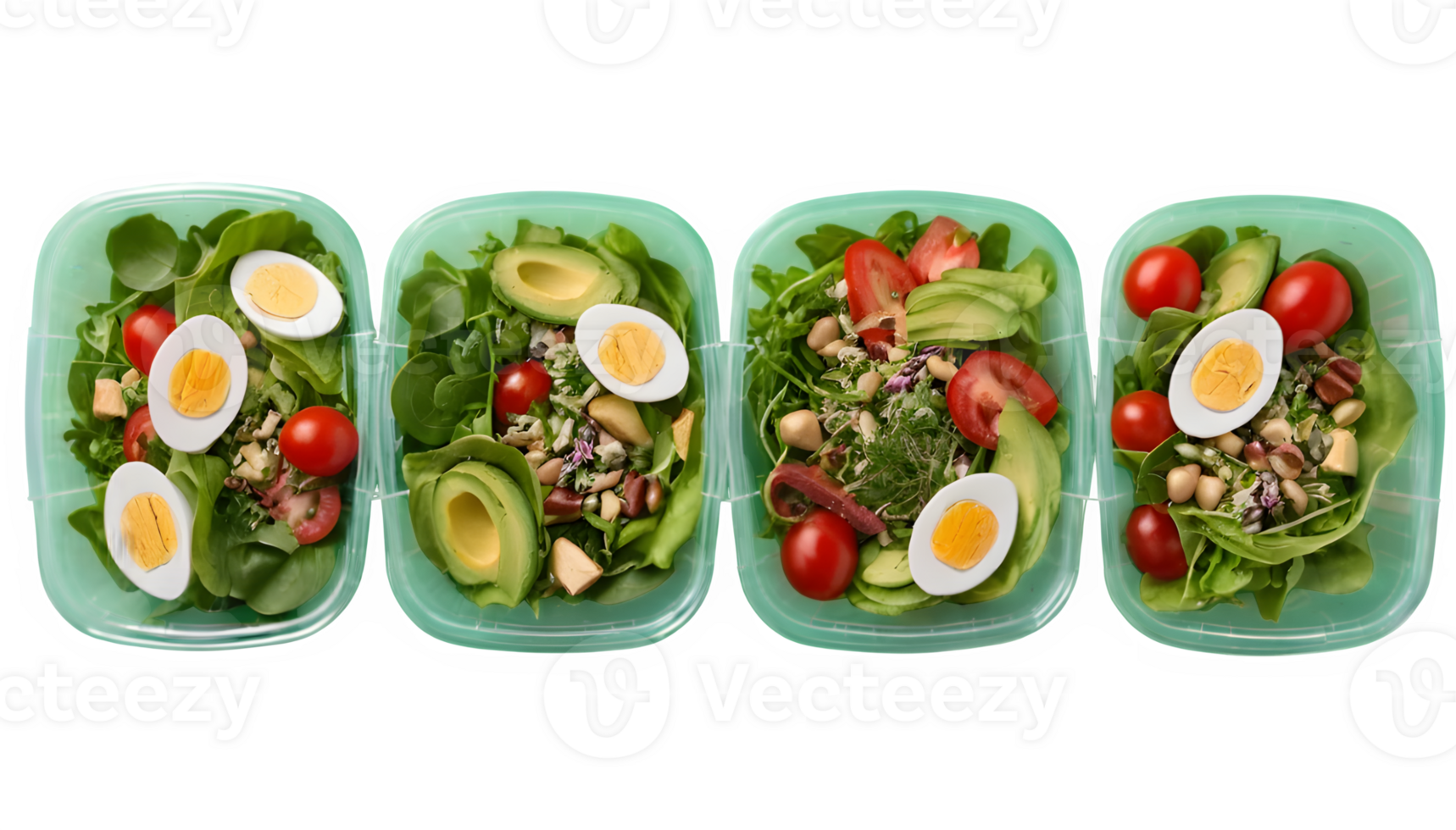 Four plastic containers with salad, eggs and tomatoes png