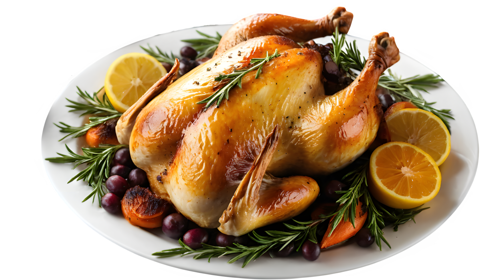 A roasted chicken with lemon slices and herbs png