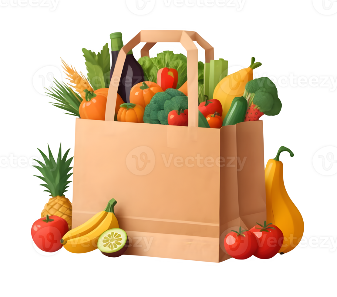 A paper bag full of fruits and vegetables png