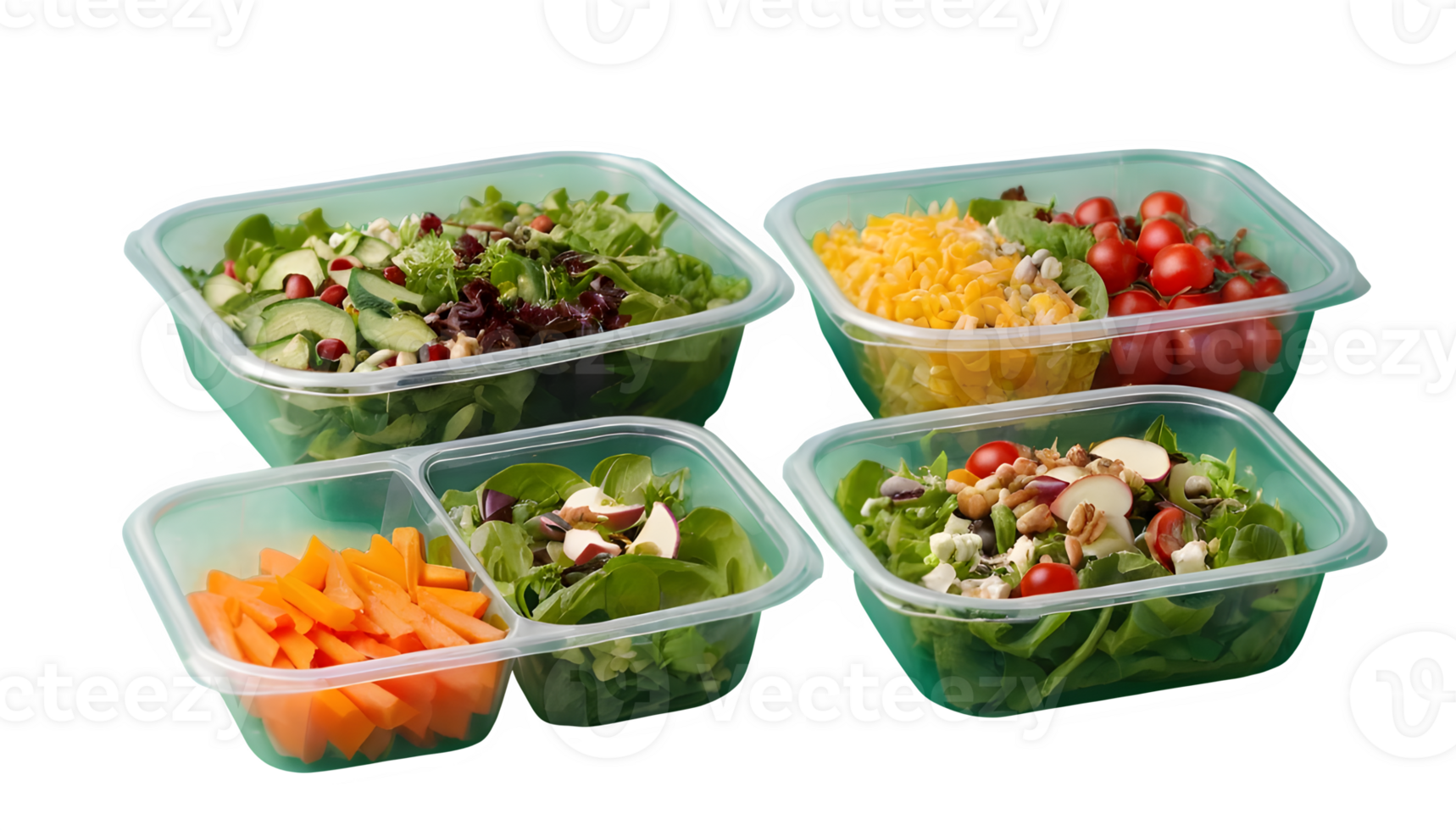 Four plastic containers with salad and vegetables png