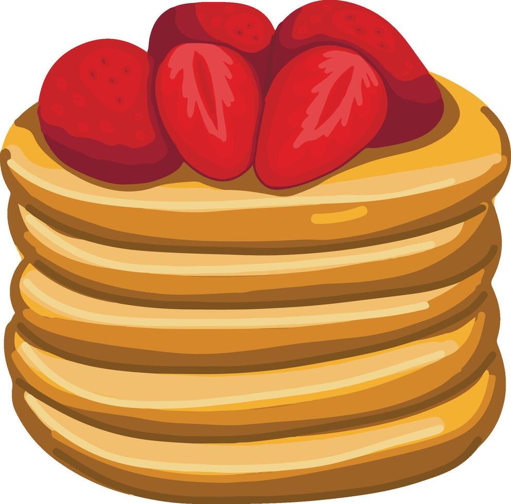 Golden brown pancakes stack topped with fresh raspberry. vector
