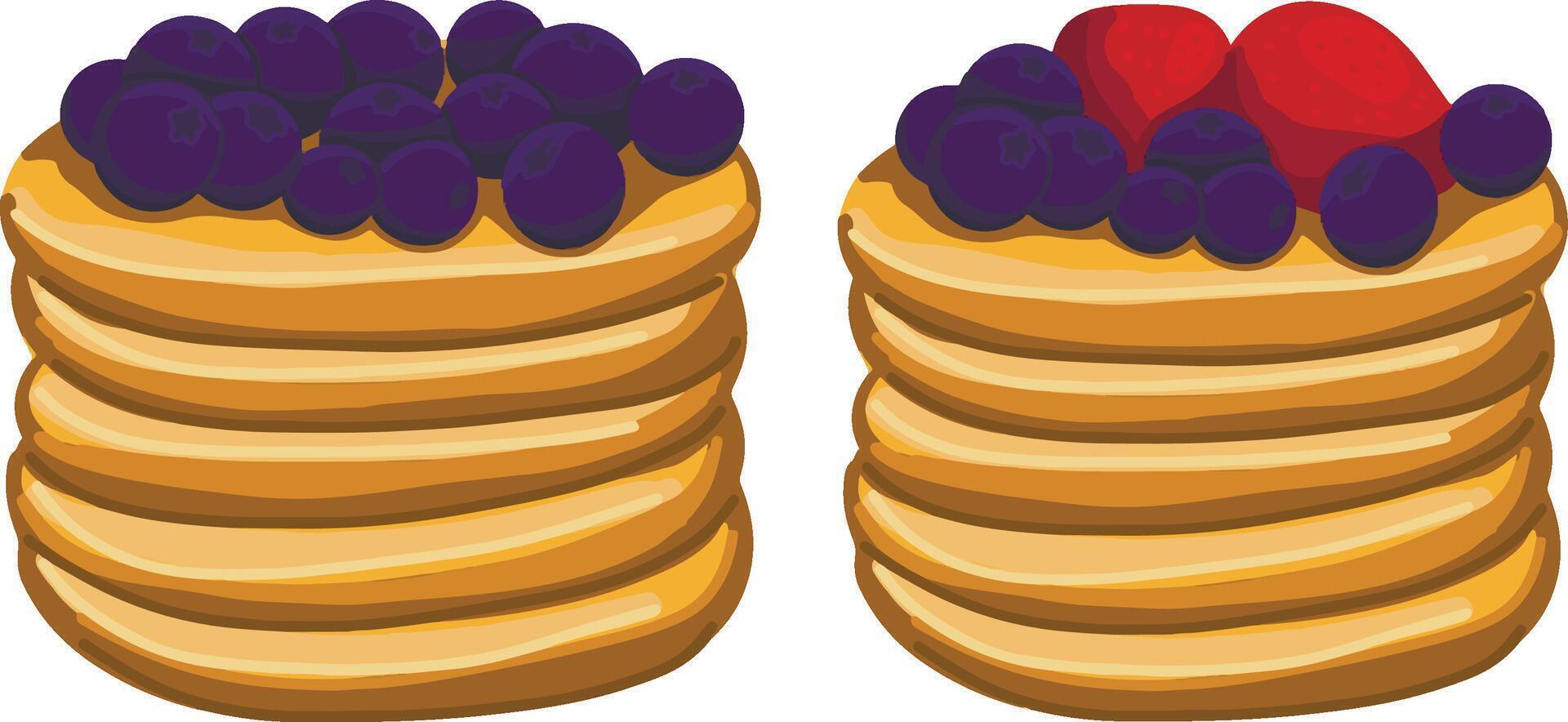 set of golden brown pancakes stack topped with fresh raspberry, blueberry. vector