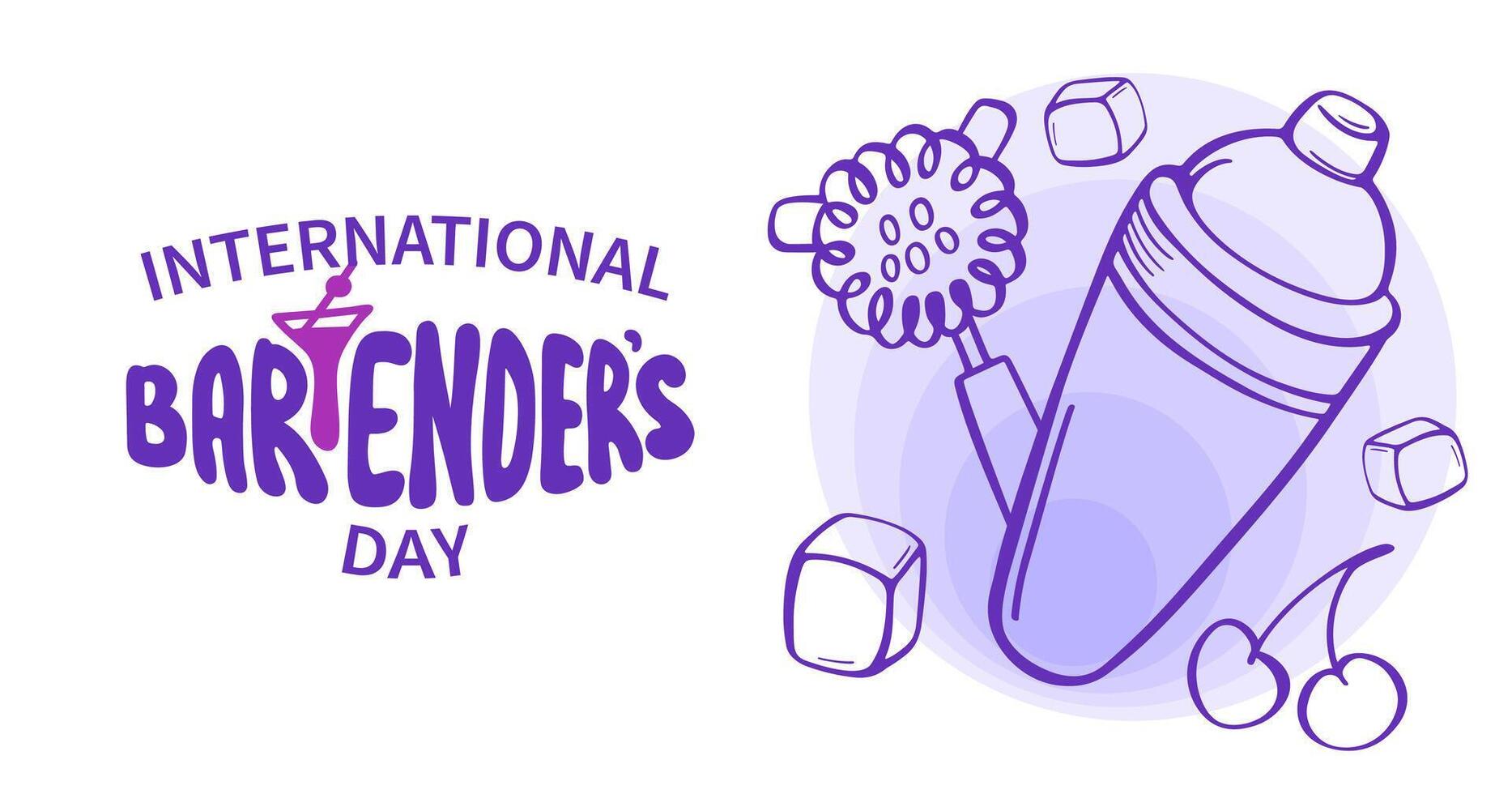 Set of elements bartender makes cocktail. Ice, shaker, stirring spoon, jigger, glass, citrus peel. International Bartender day greeting banner. Sketch style, crooked doodle. illustration. vector