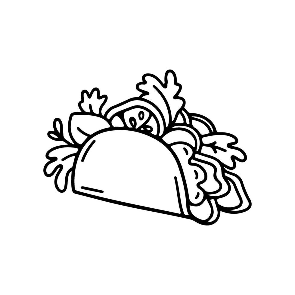 Tacos with meat and vegetables doodle illustration. Traditional Mexican delicious food. Flatbread with filling. Hand drawn outline illustration. vector