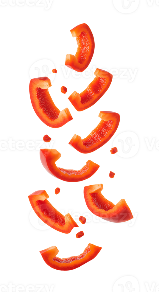 Paprika pieces falling down set . Fresh red paprika slices flying in mid-air, perfect for culinary and organic food themes isolated. Spicy and vibrant paprika pieces tumbling from the top png