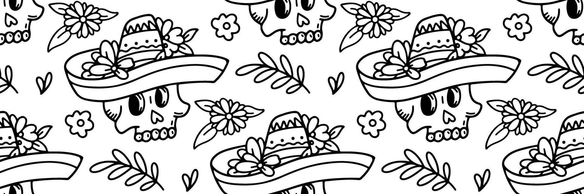Day of dead sugar skull with sombrero pattern. Dia de los muertos festive background. Mexican tradition festival. illustration for fabric, wrapping paper, textile and wallpaper. Floral ornament vector