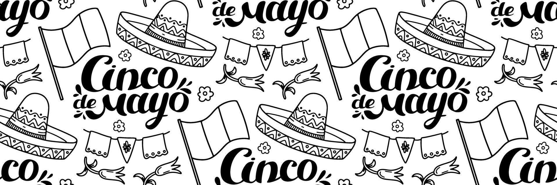 Mexico doodle pattern. Cinco de mayo celebration background. Mexican flag and sombrero. Holiday hand drawn lettering. For wallpaper or fabric. outline illustration. vector