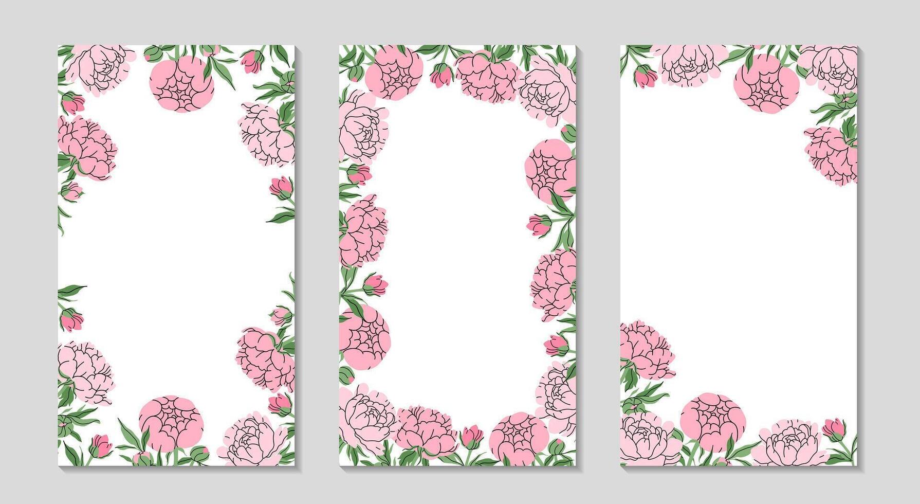 Floral long frame artboard set. Delicate pink peony with stem and leaves, small bud. Botanical spring vertical templates. Background for sale, promotions, social media. flat illustration. vector