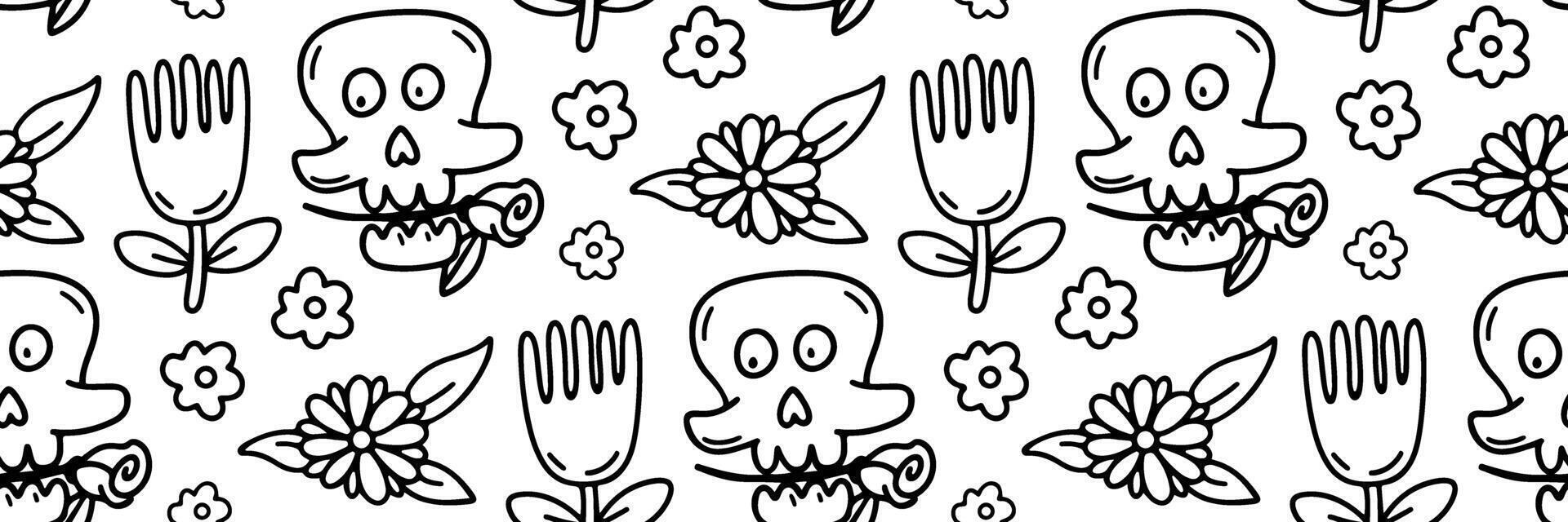 Day of dead sugar skull seamless pattern. Dia de los muertos festive background. Mexican tradition festival. illustration for fabric, wrapping paper, textile and wallpaper. Floral ornament. vector