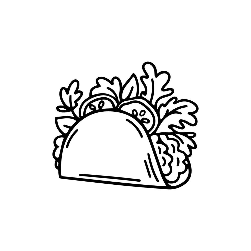 Tacos with meat and vegetables doodle illustration. Traditional Mexican delicious food. Flatbread with filling. Hand drawn outline illustration. vector