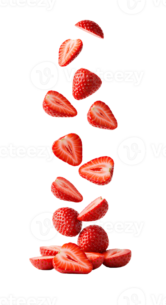 Sliced strawberries floating and falling naturally in the air png
