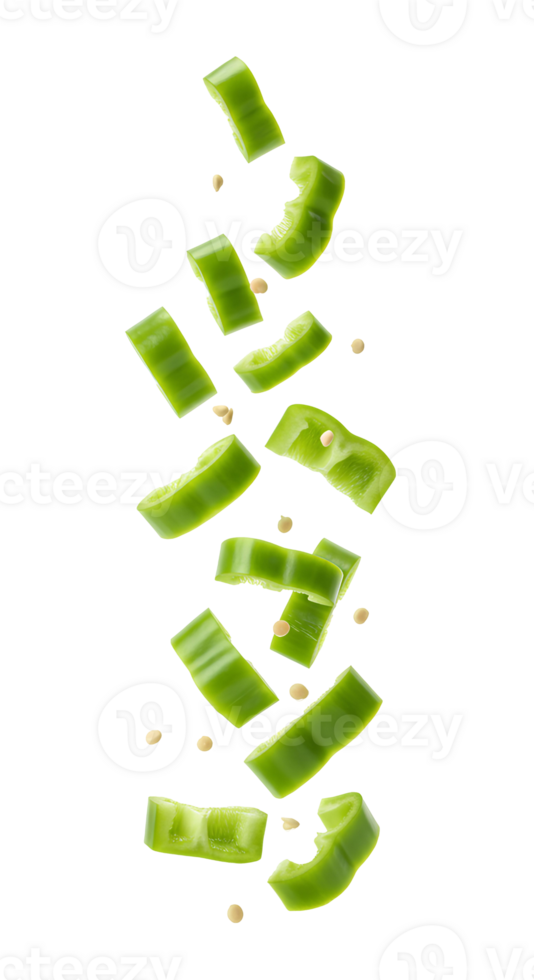 green pepper pieces falling down . Fresh green pepper slices flying in mid-air, perfect for culinary and organic food themes isolated. vibrant peppers piece tumbling from the top png