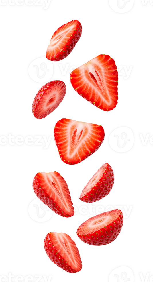Fresh strawberry slices falling mid-air with vibrant red color png
