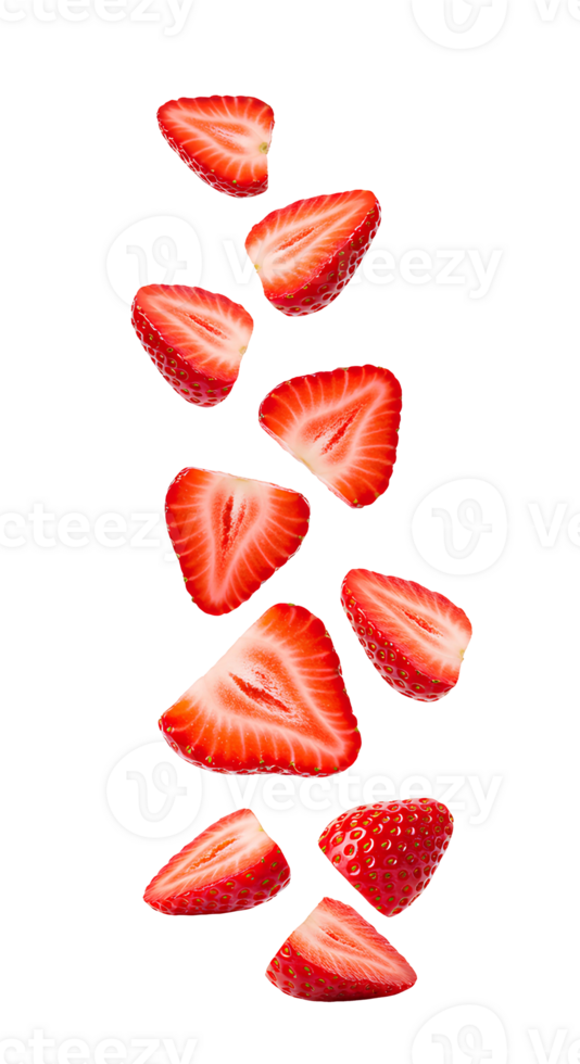 Strawberry pieces tumbling down isolated png