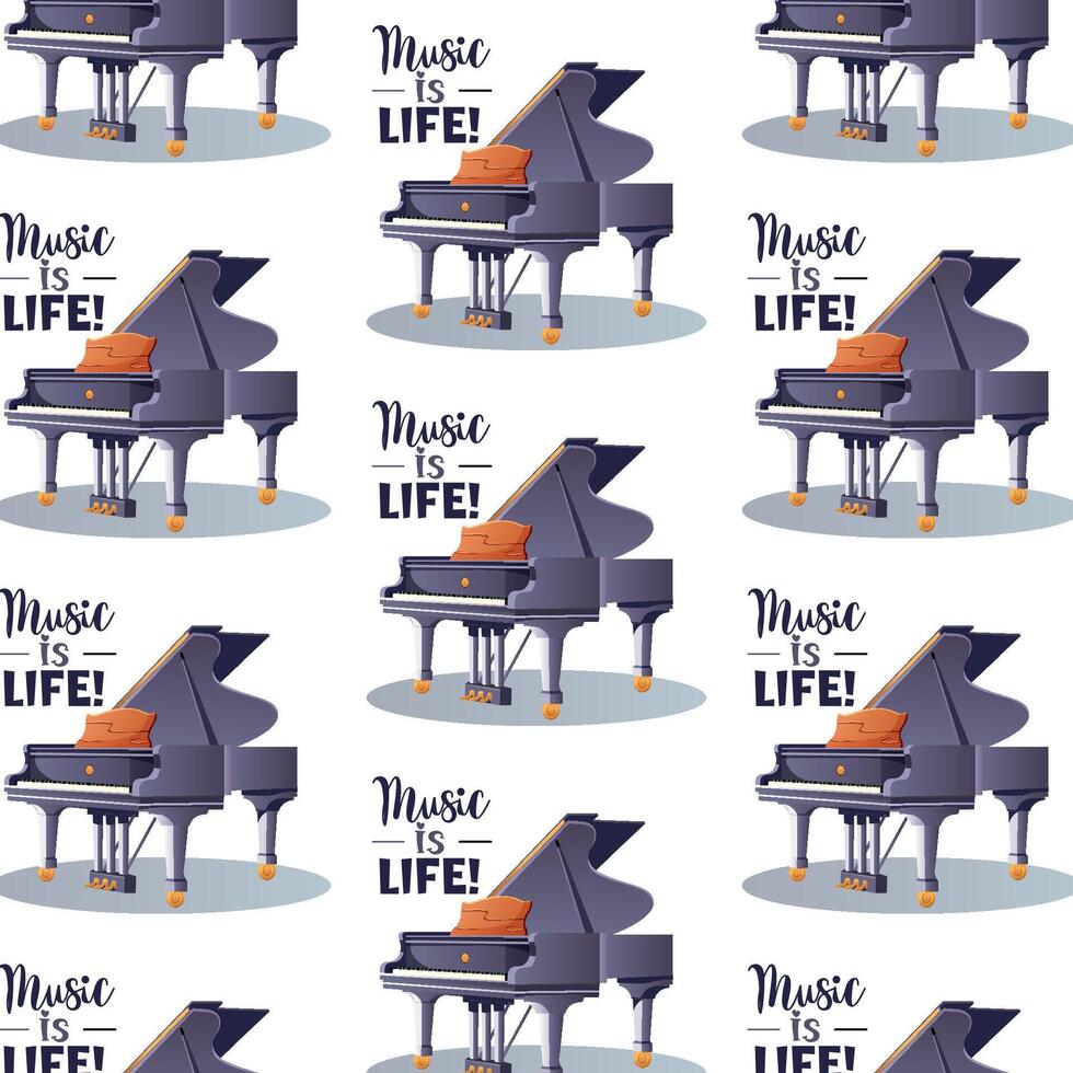 Seamless pattern with grand piano and phrase Music is life vector