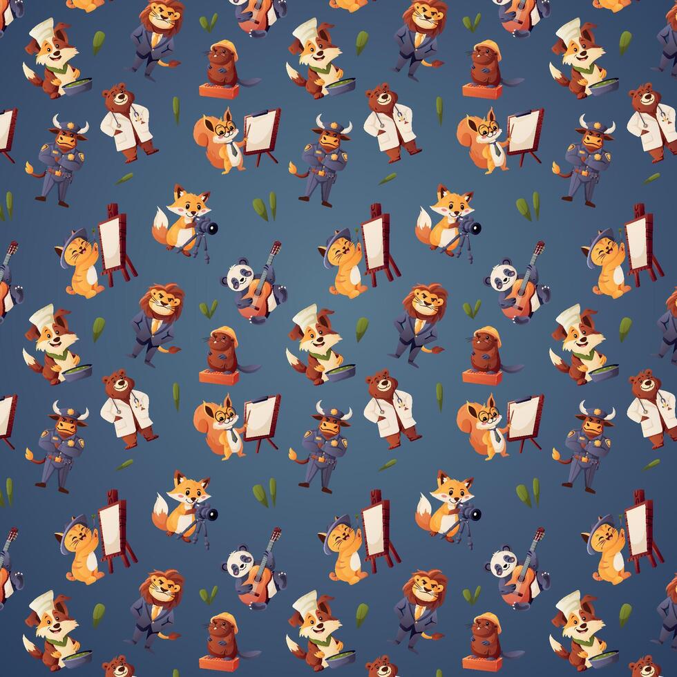 Seamless pattern with animals in professions vector