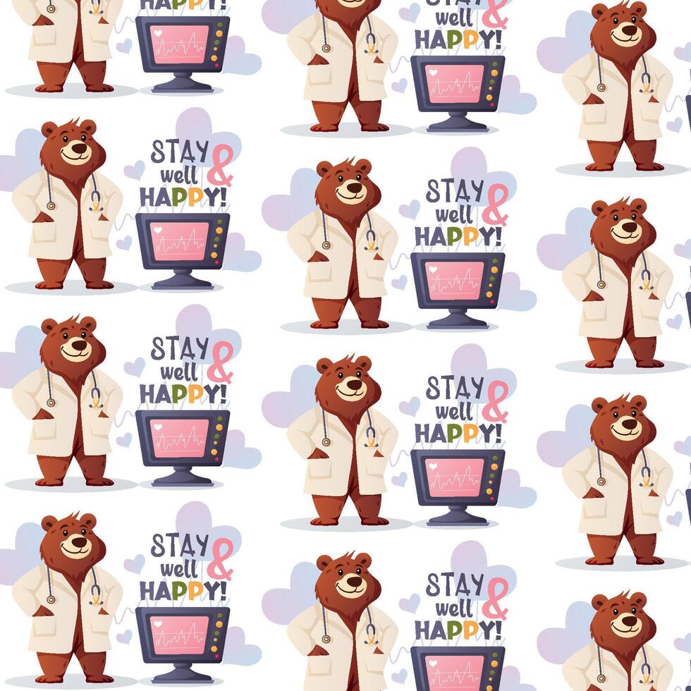 Seamless pattern with bear doctor vector