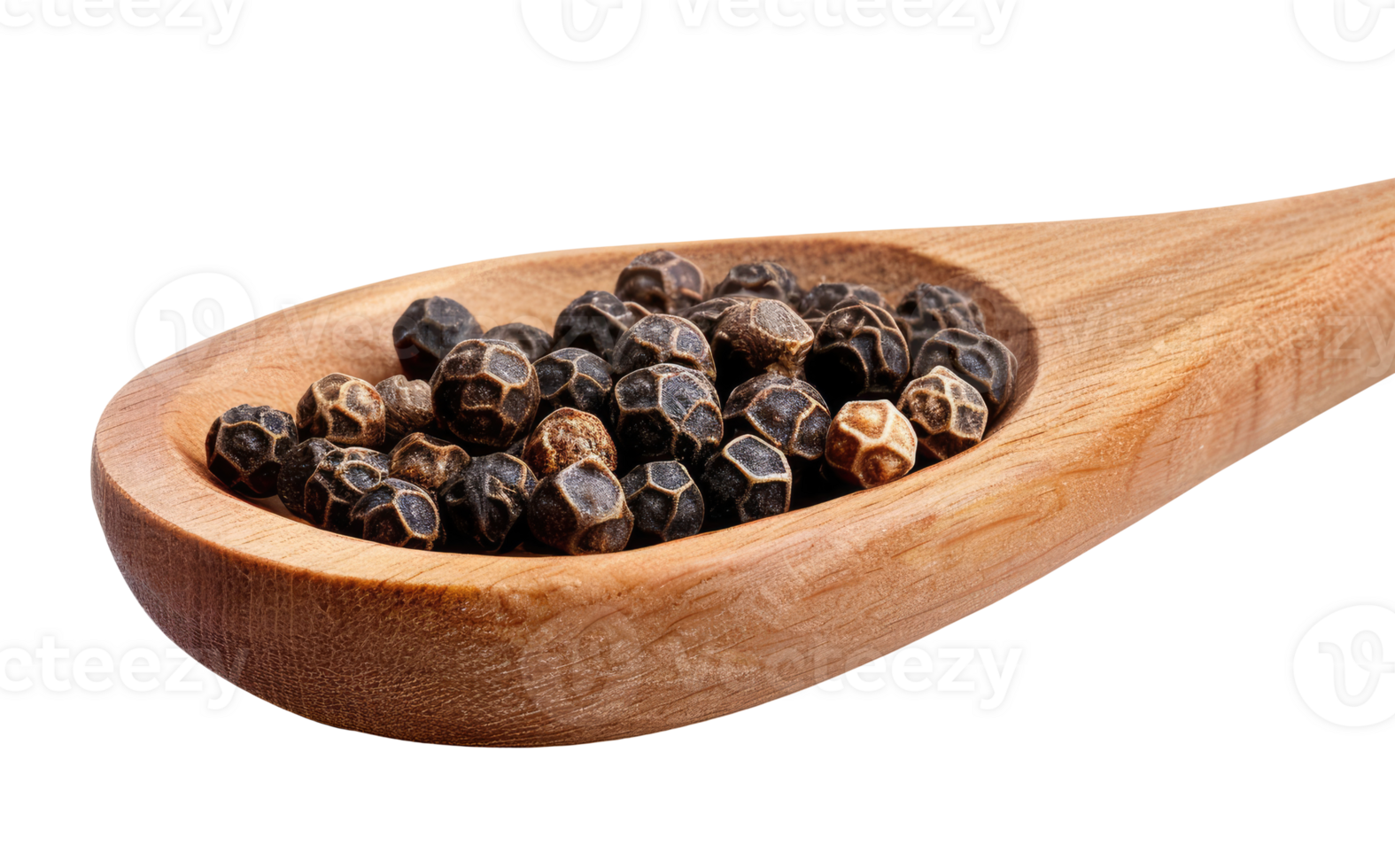 Closeup wooden spoon with peppercorns png