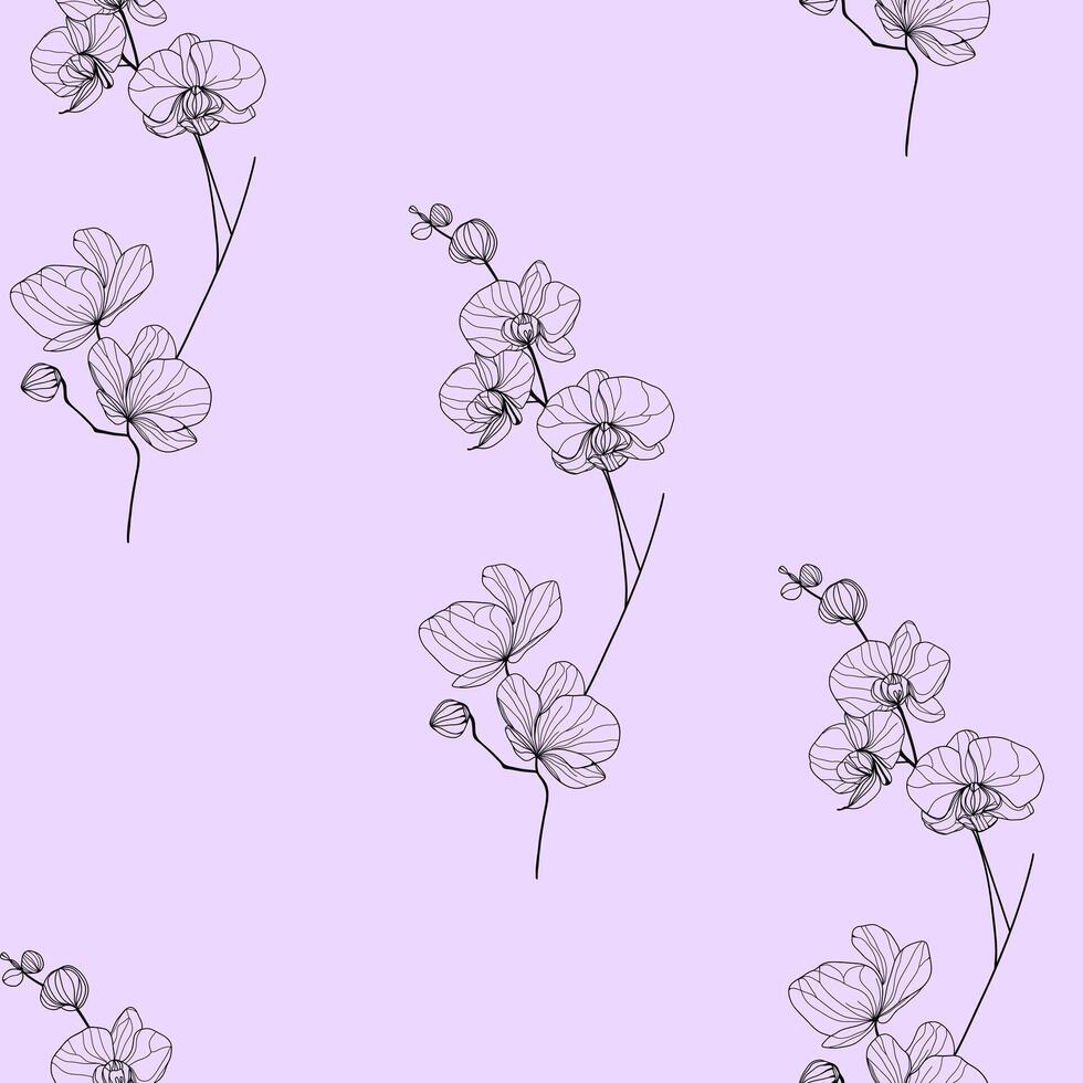 Seamless pattern with hand drawn flowers. Line art orchids on a violet background. Elegant and minimalistic design, perfect for textiles, wallpapers. vector