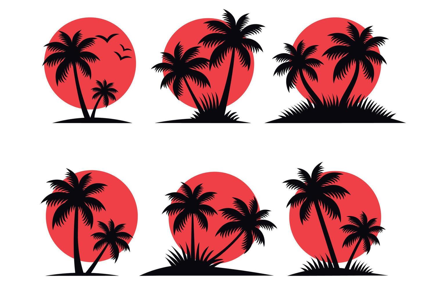 Silhouettes of palm trees against a red sun isolated set on a white background flat illustration vector