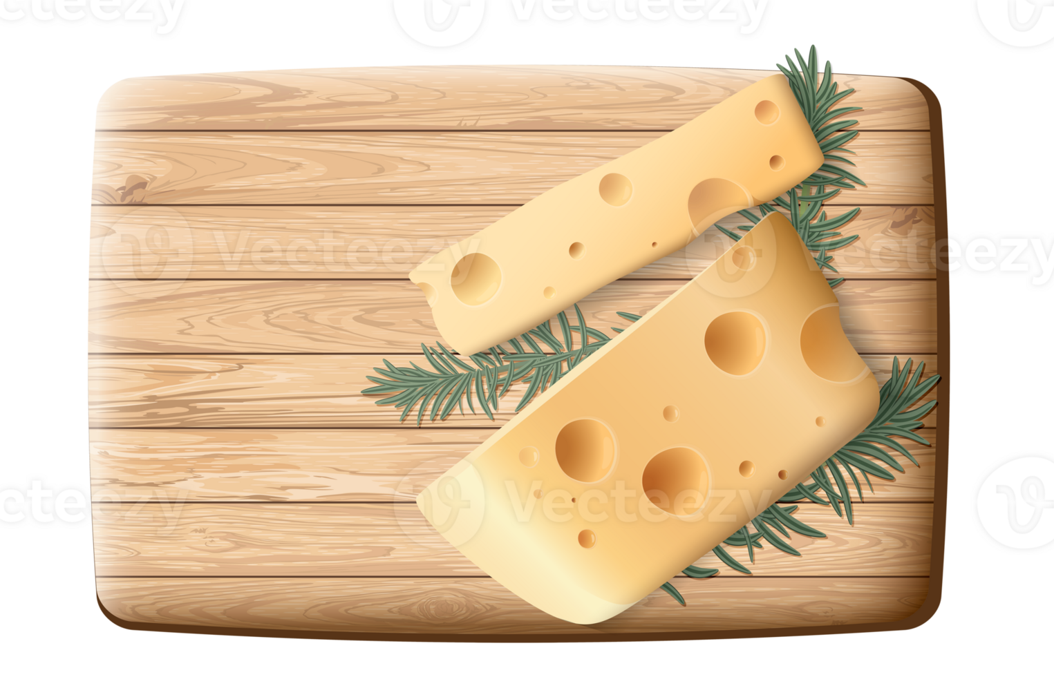 Swiss cheese and slices with rosemary decorated on a wooden cutting board top view isolated graphic illustration. png