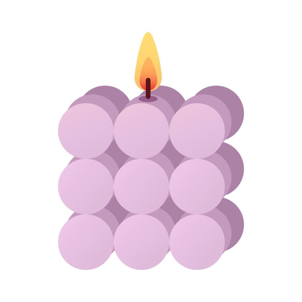 Lilac burning candle in interesting shape in cartoon flat style. Design elements for home decor, Valentines Day, wedding, bachelorette party. vector