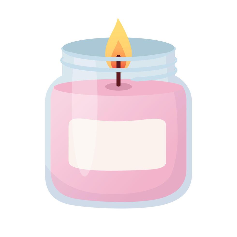 Burning pink candle in glass jar in cartoon flat style. Design elements for home decor, Valentines Day, wedding, bachelorette party. vector