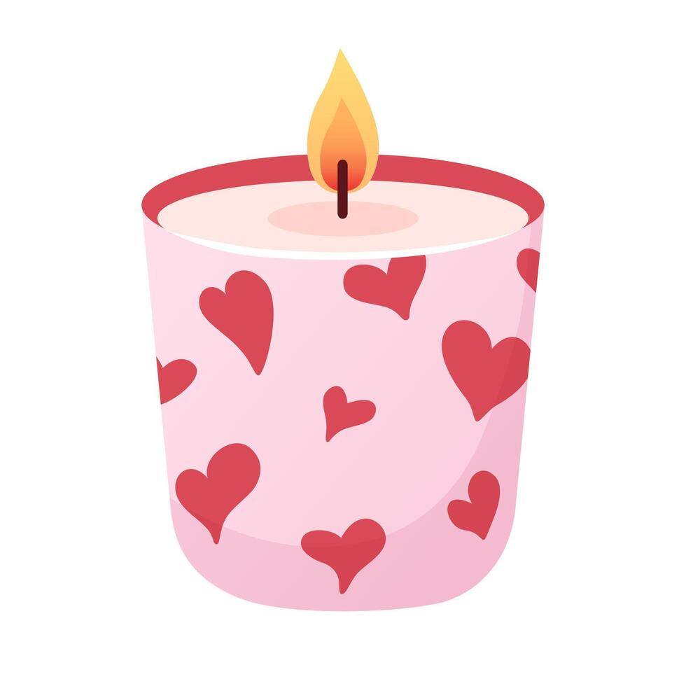 Burning pink candle in jar with red hearts in cartoon flat style. Romantic pink candle for Valentines Day, wedding, bachelorette party, home decor. vector