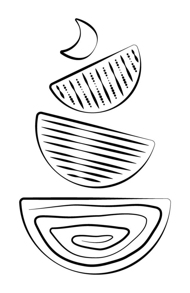 Three semicircles, abstract tower, monochrome poster with geometric shapes, black line illustration vector