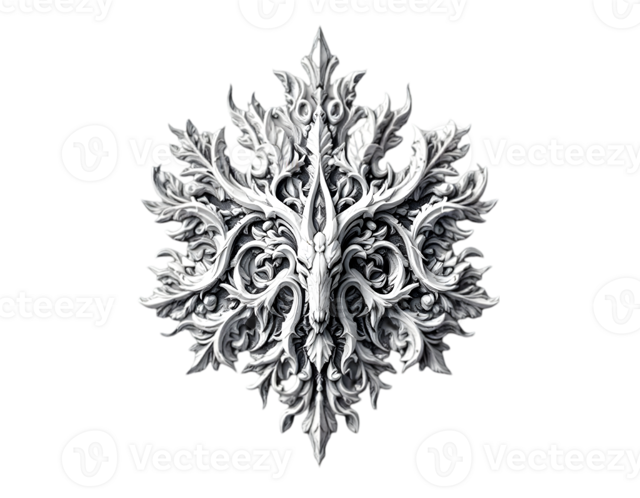 Intricate floral design with deer skull center, artistic rendering, white on black background, suitable for design elements png