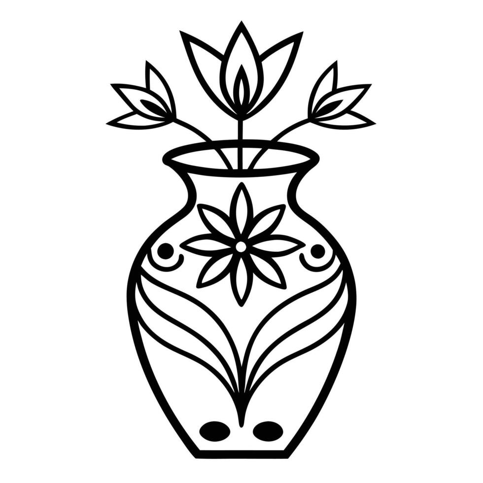 Decorative vase floral pot pattern black and white illustration. vector