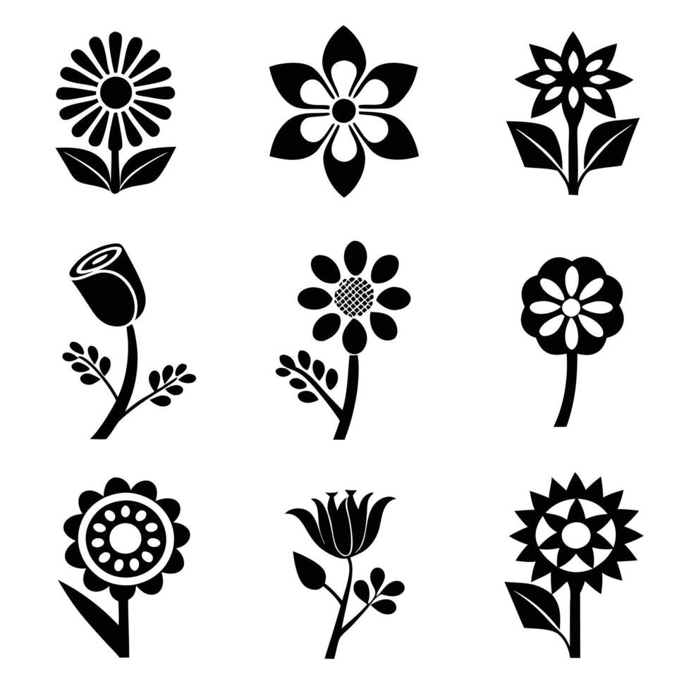 Floral set silhouettes grass patterns Black and white icon set illustration. vector