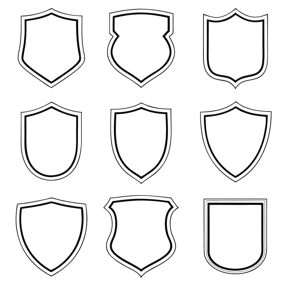 Shield shapes line art heraldic designs black and white. Crest frame set vintage style. vector