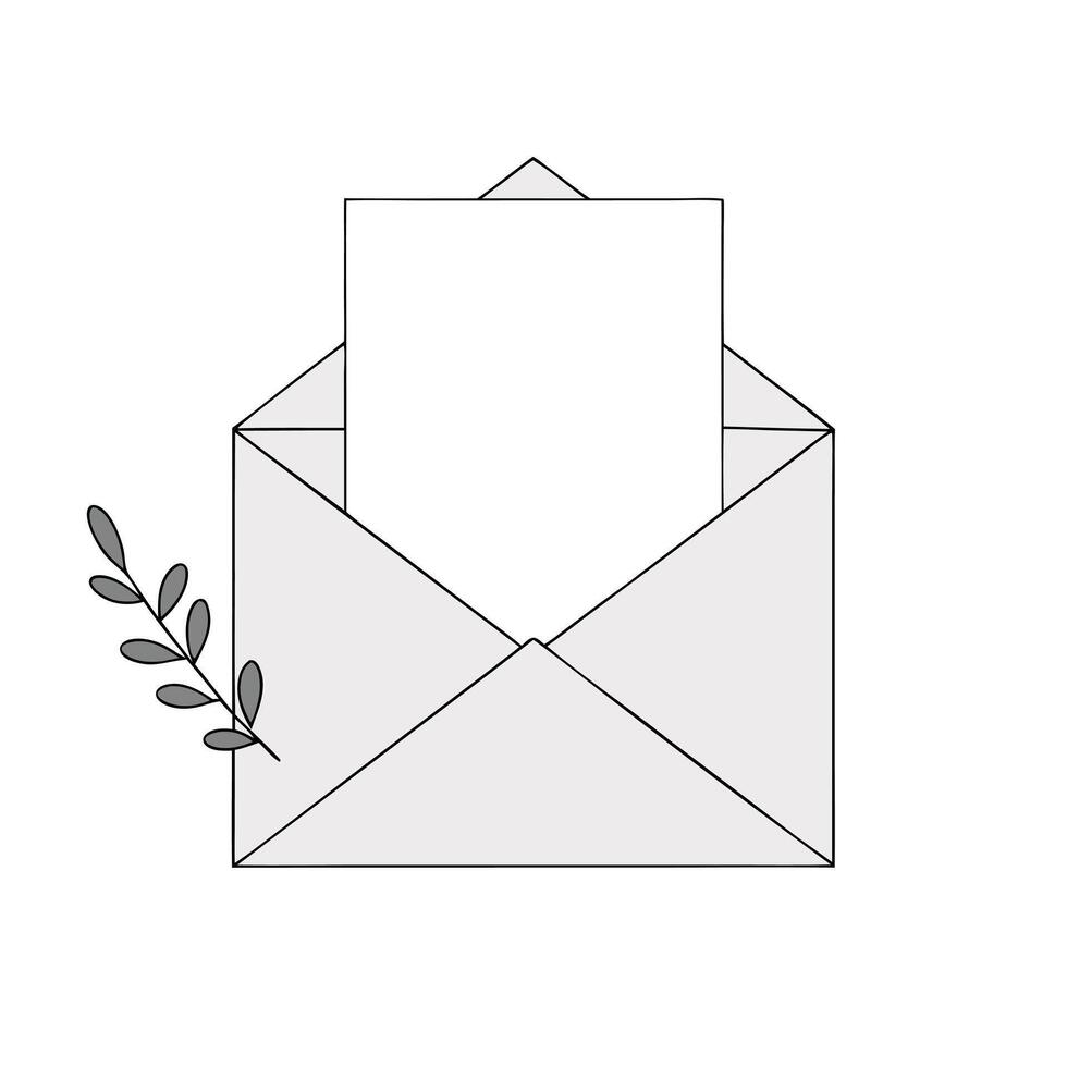 Open envelope line drawing white paper illustration. vector