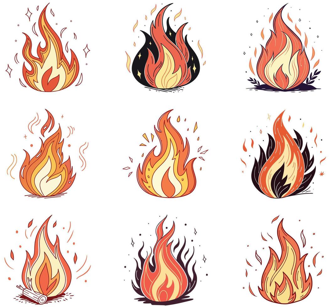 Set of Colorful Fire Flame Illustrations on White Background vector