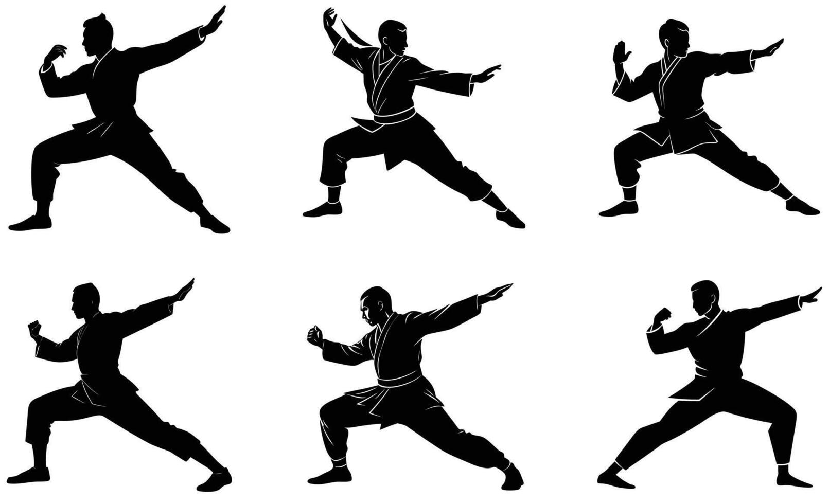 Set of Man Practicing Kung Fu Fight Silhouettes on White Background vector