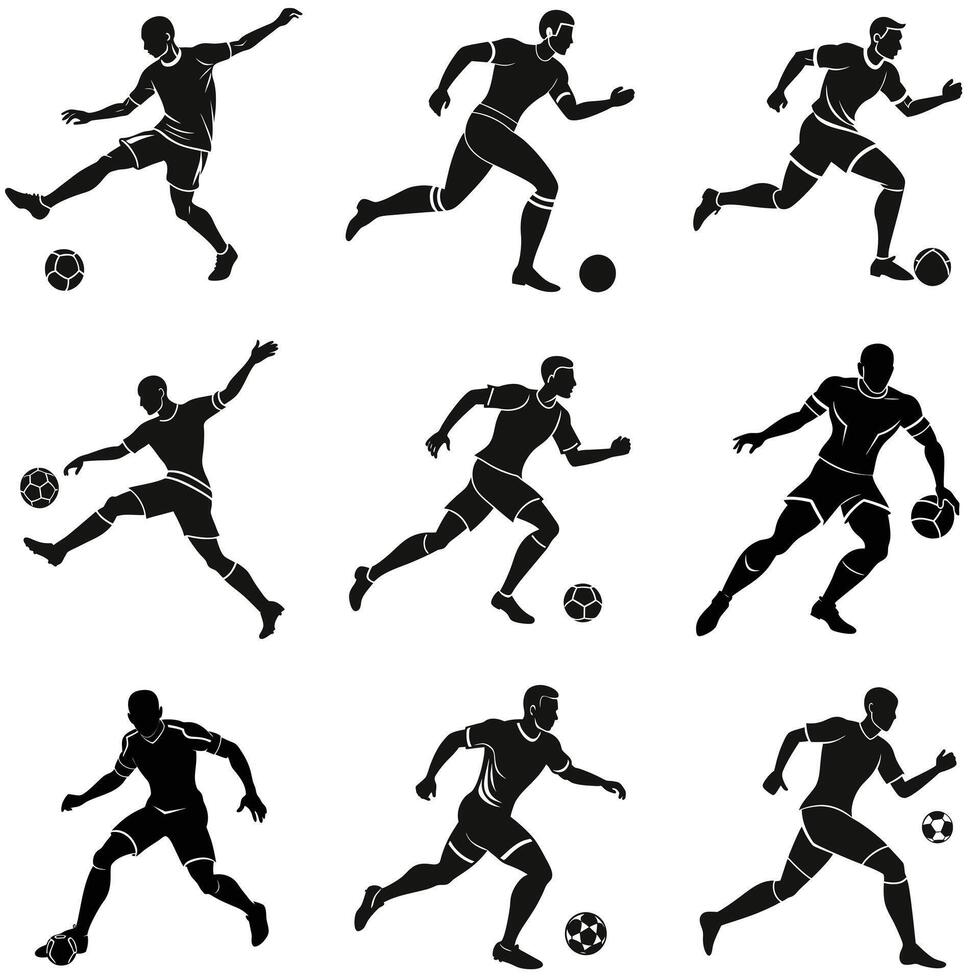 Set of Football Player Sprinting with the Ball Silhouettes on White Background vector