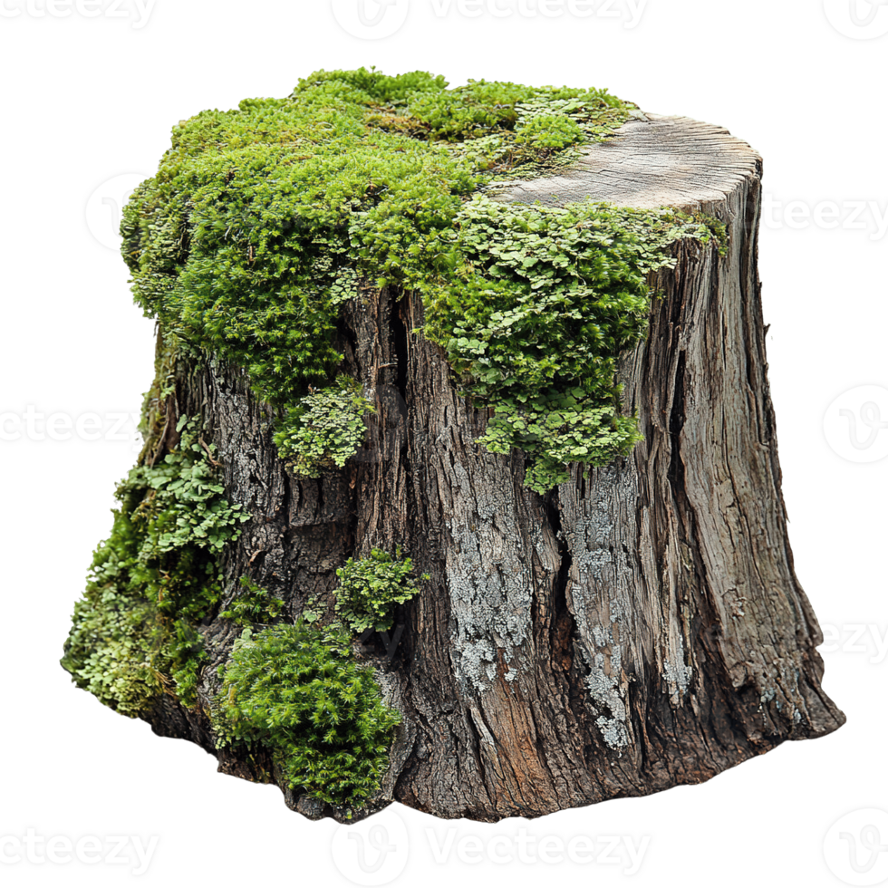 Detailed wood stump with lush moss growth isolated on transparent background png