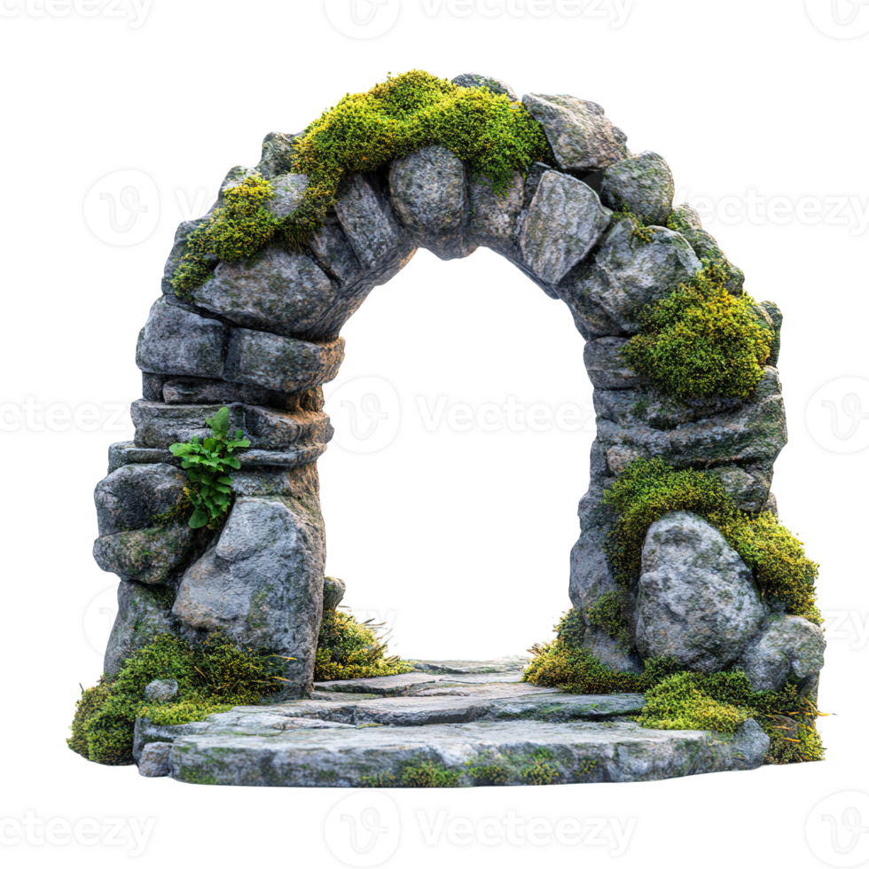 Natural stone arch frame covered in moss isolated on transparent background png