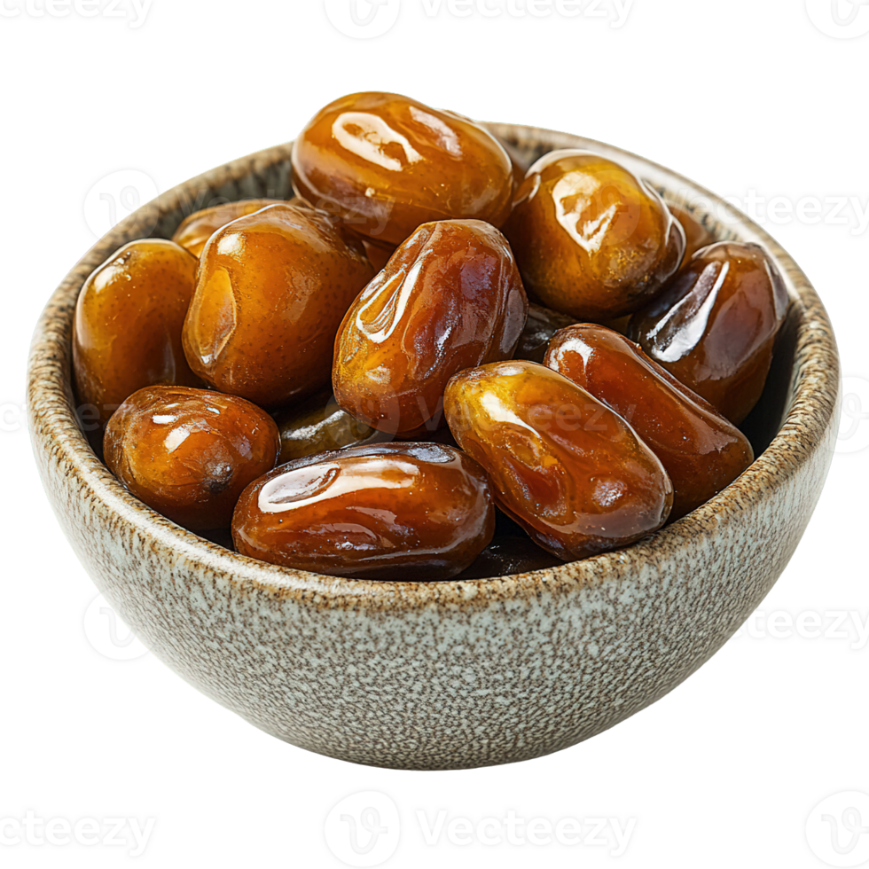 Shiny Golden Dates with Rich Glossy Texture Neatly Arranged in Ceramic Bowl png