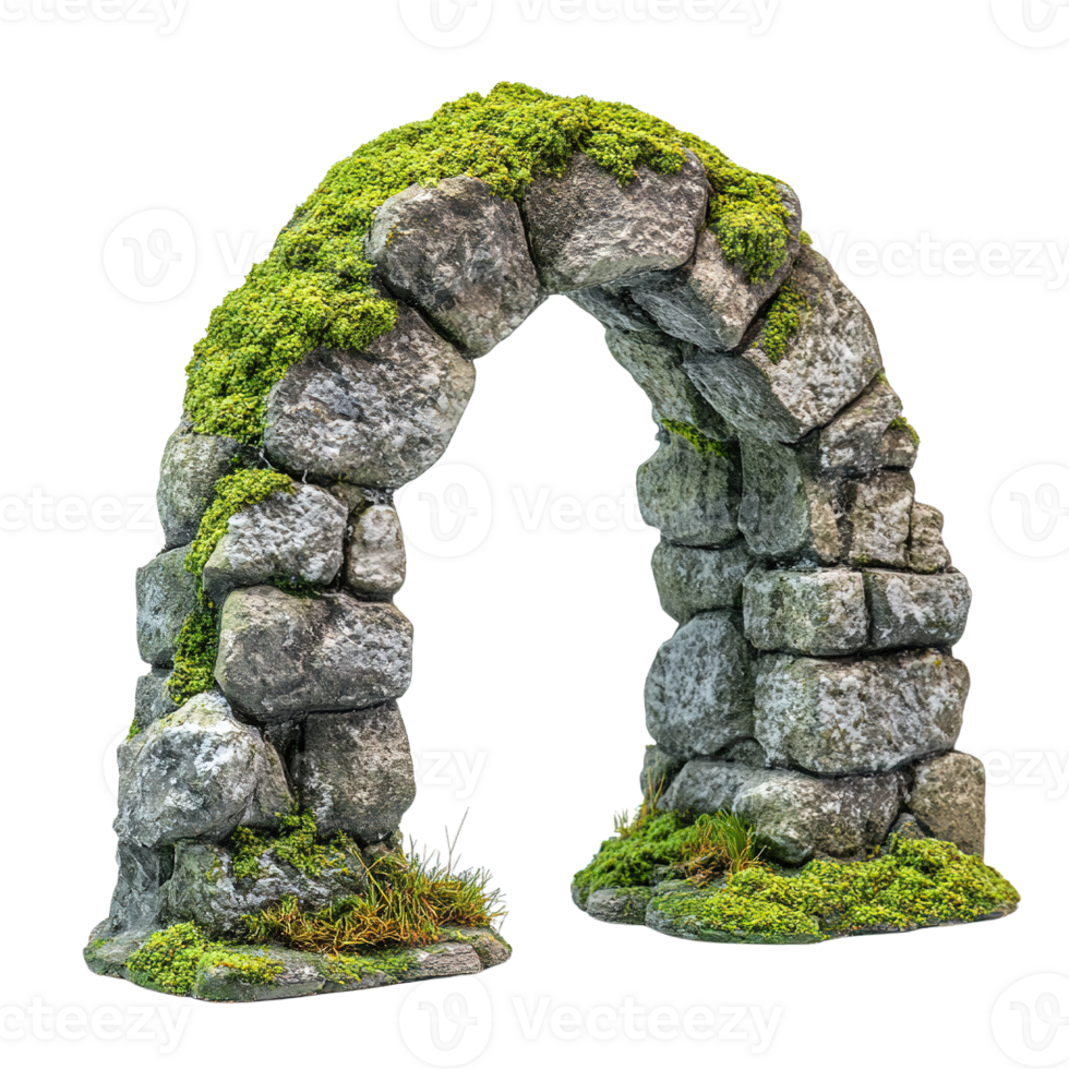 Realistic moss-covered stone arch isolated on transparent background png