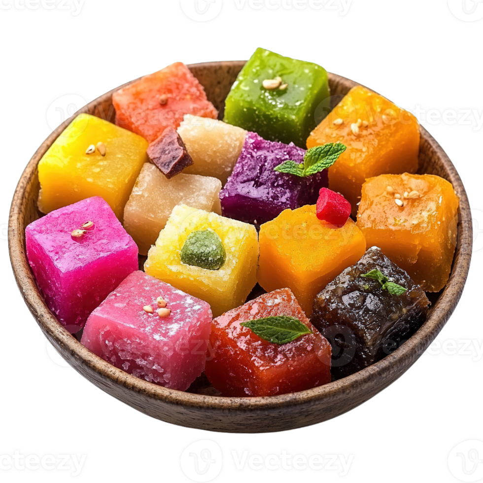 Vibrant Assorted Cubes of Delicious Fruit Jelly Candy in Rustic Bowl png