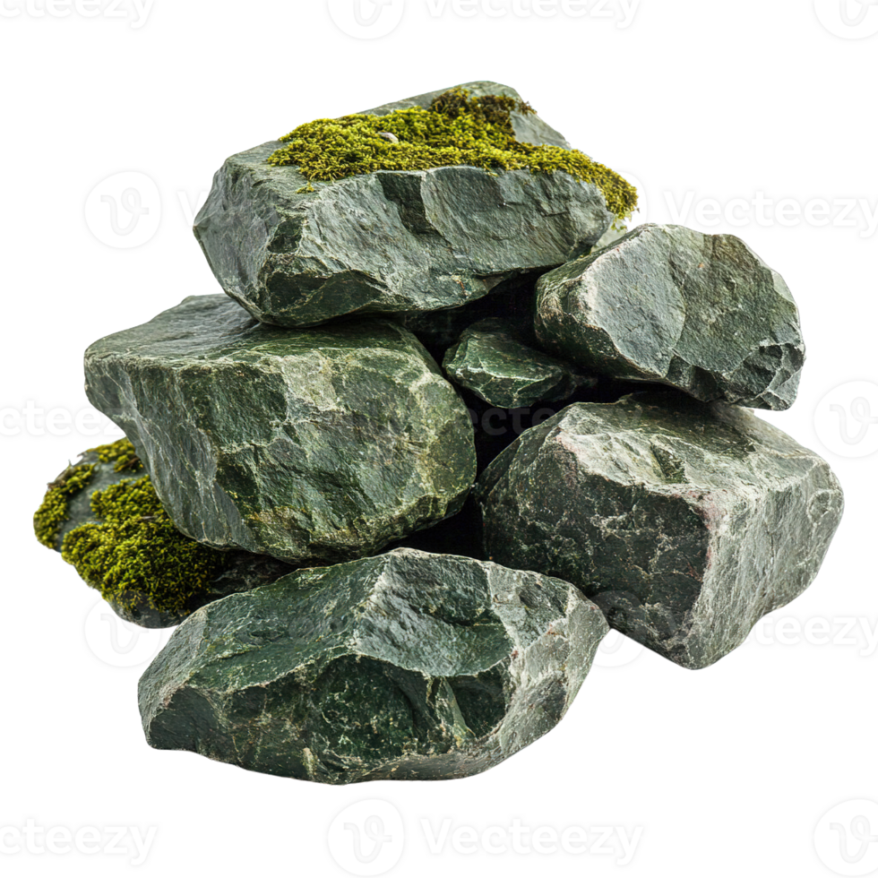 Rustic rock pile with green moss accents isolated on transparent background png