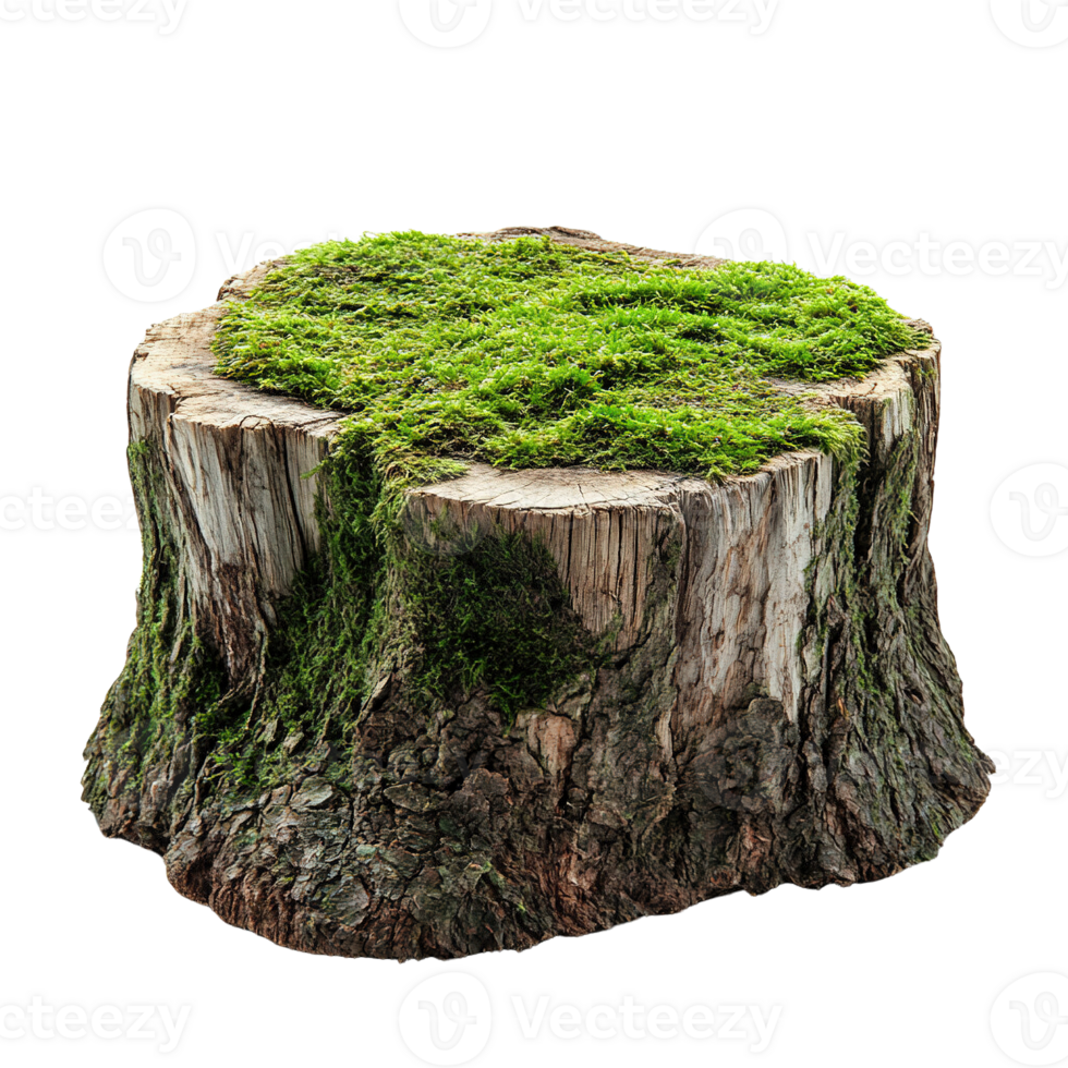 Naturally decayed tree stump with detailed bark and moss textures isolated on transparent background png