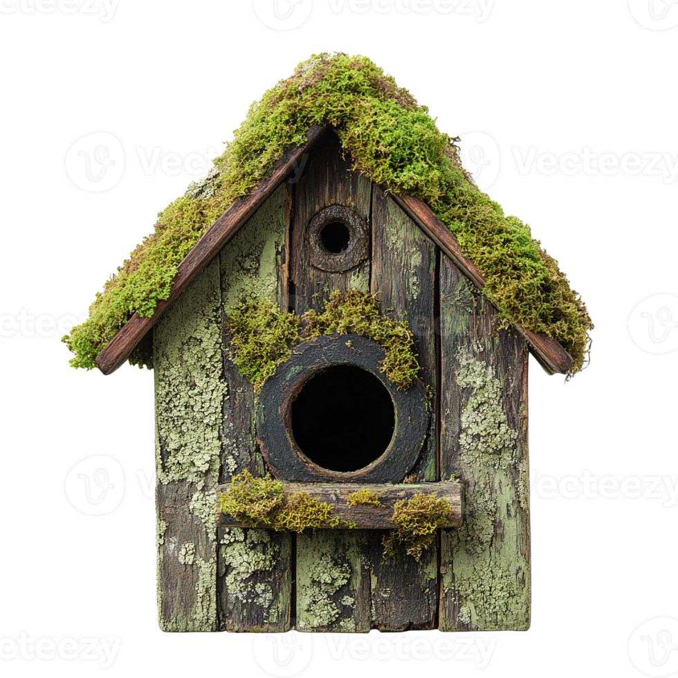 Rustic woodland birdhouse featuring moss vines and natural elements isolated on a transparent background png